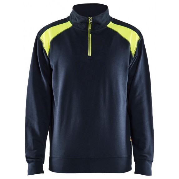 Blåkläder 3353-1158 Sweatshirt bi-colour met halve rits Donker marineblauw/High vis geel